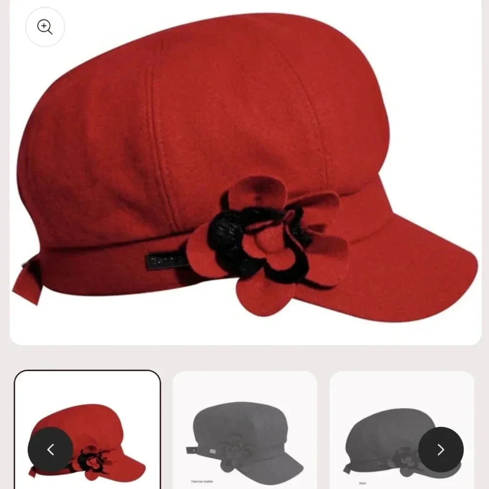 BETMAR RED WOOL ADJUSTABLE CAP BERET WITH FLOWER NWT